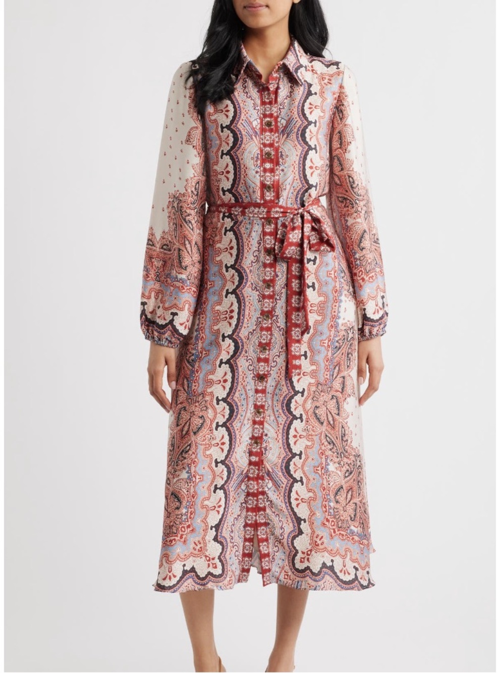 Julia Jordan Mixed Paisley Long Sleeve Midi Shirt Dress
